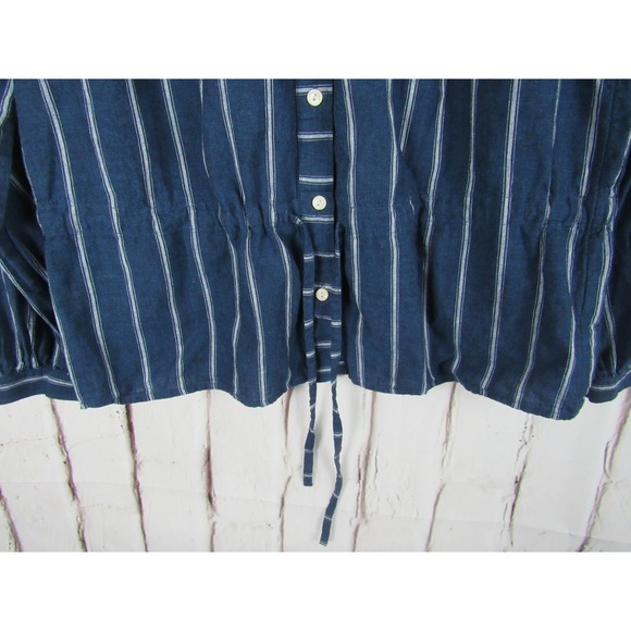 J. Crew Women Top Size 2 Blue Striped Button up Long Sleeve Drawstring - Picture 4 of 6
